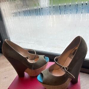 Olive green suede peep toe heels